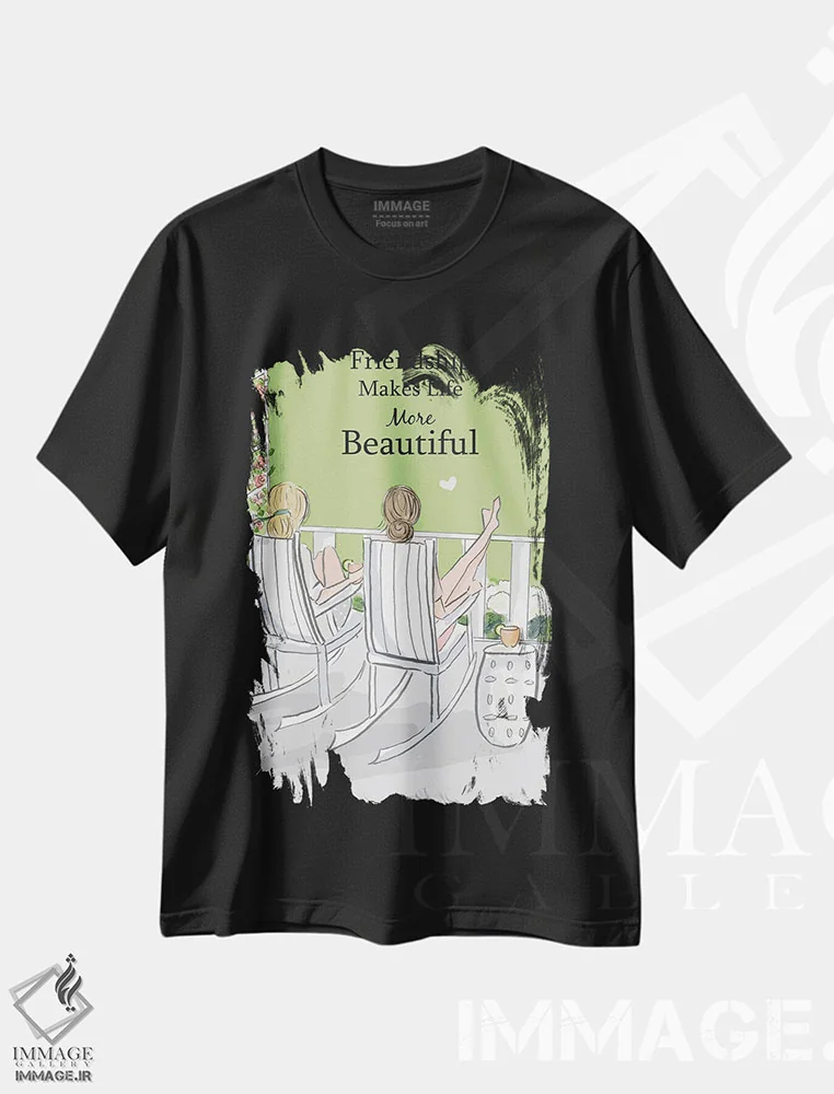 تیشرت مشکی طرح دار دوستی زندگی را زیباتر می کند، هنر دیجیتال اثر هدر استیلافسن | فروشگاه ایماژ