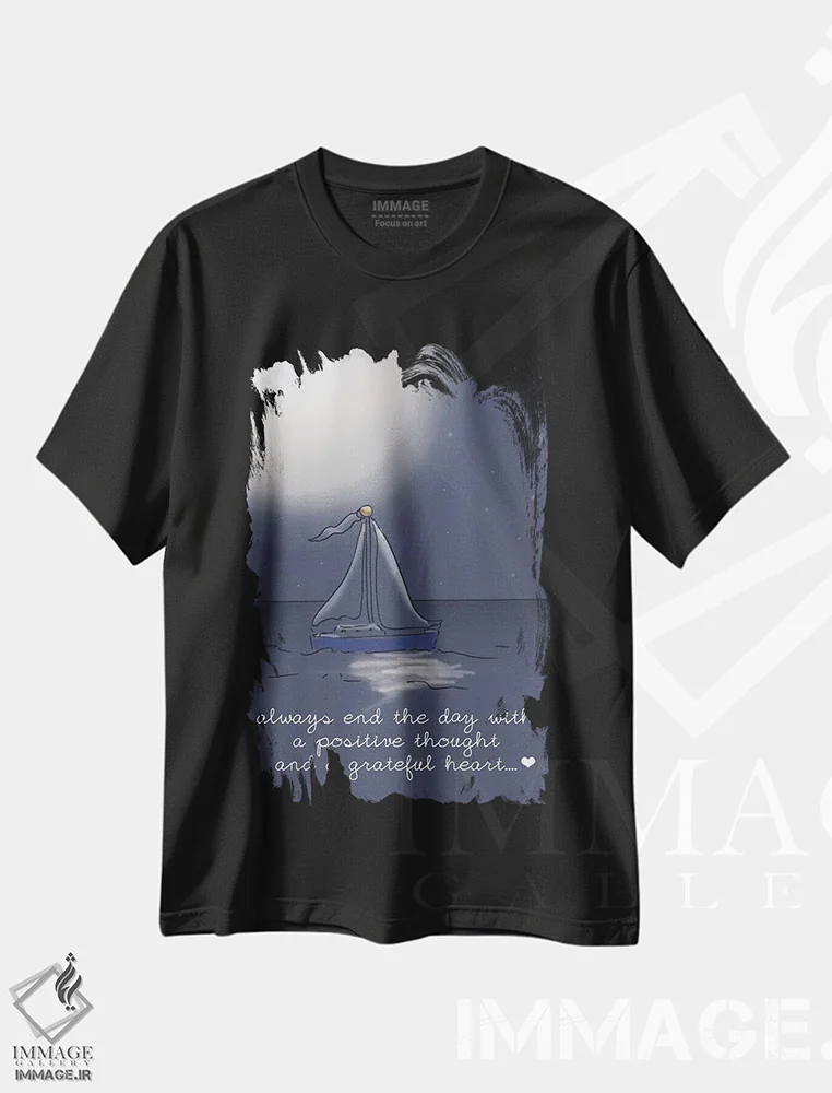 تیشرت مشکی طرح دار همیشه روزت را با قلبی شکرگزار تمام کن، تزئینی اثر هدر استیلافسن | فروشگاه ایماژ