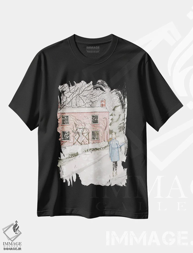 تیشرت مشکی طرح دار کلبه صورتی کودکانه، هنر دیجیتال اثر هدر استیلافسن | فروشگاه ایماژ
