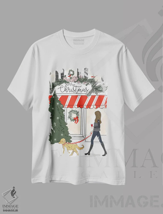 تیشرت سفید طرح دار کریسمس مبارک در روستا، تابلو و عبار ت های کریسمسی اثر هدر استیلافسن | فروشگاه ایماژ