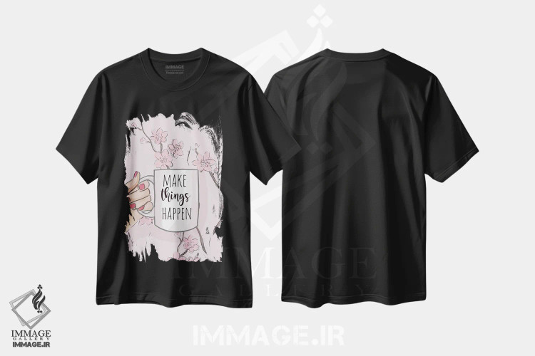تیشرت مشکی طرح دار کاری کن اتفاق بیفتد، هنر دیجیتال اثر هدر استیلافسن | فروشگاه ایماژ