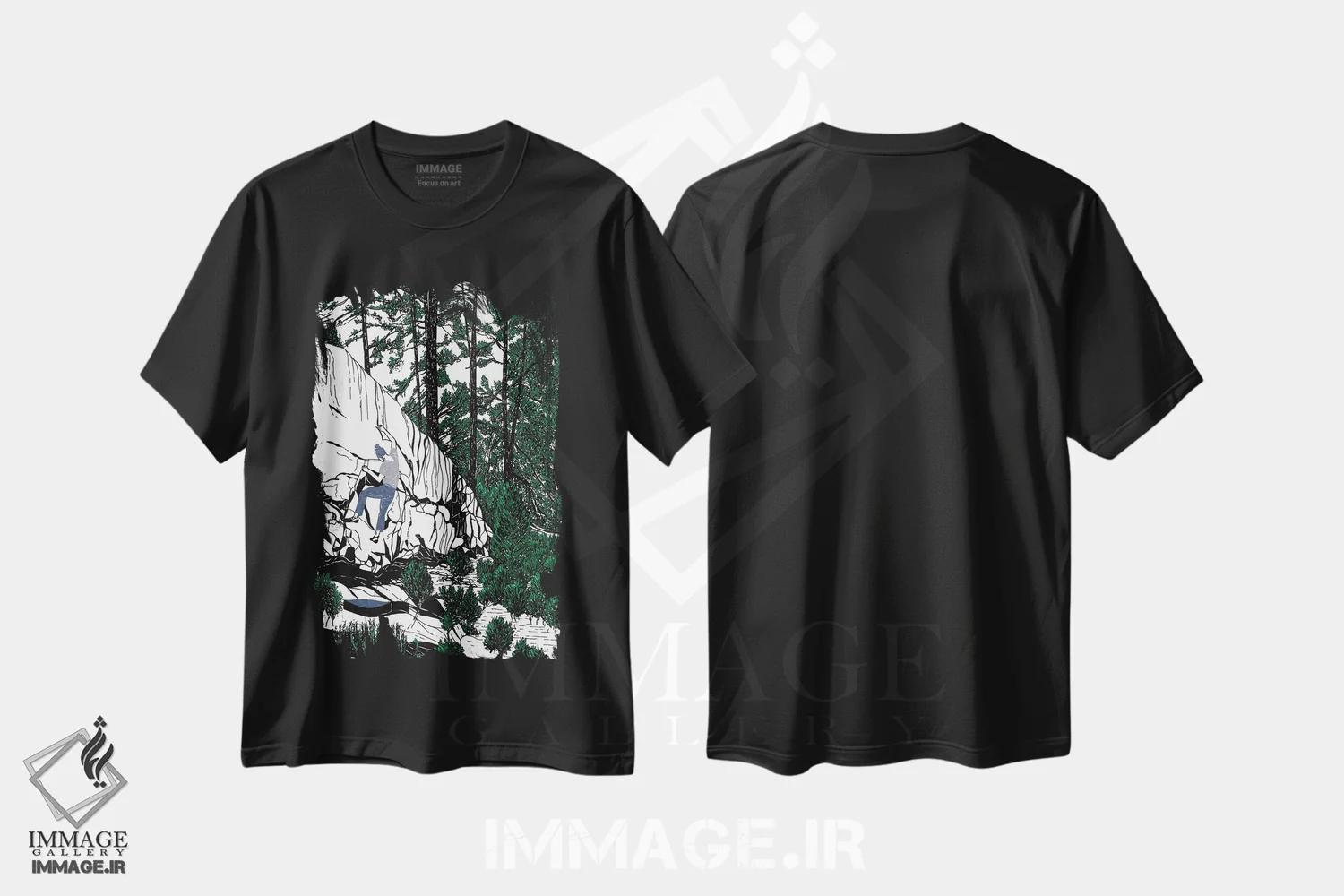 تیشرت مشکی طرح دار صخره نوردی در جنگل، تزئینی اثر کورالی هوئن | فروشگاه ایماژ