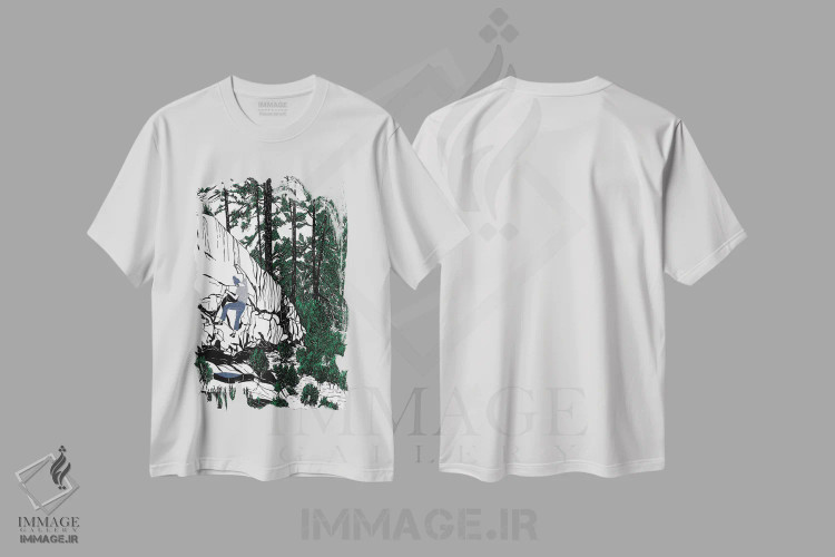 تیشرت سفید طرح دار صخره نوردی در جنگل، تزئینی اثر کورالی هوئن | immage.ir