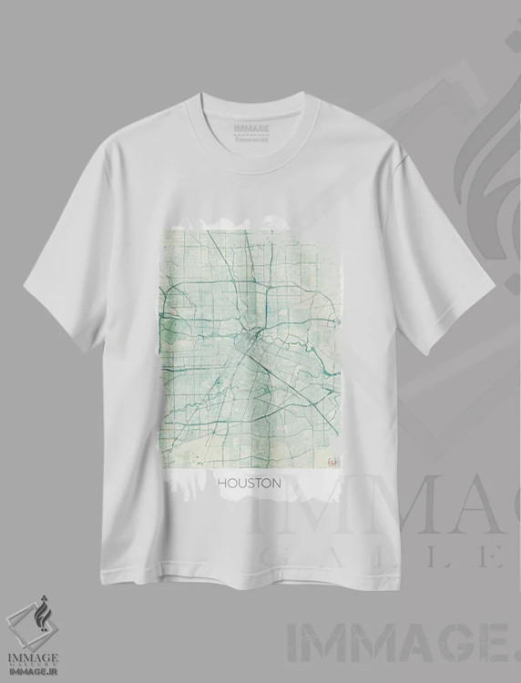 تیشرت سفید طرح دار نقشه شهری هیوستون با طراحی کلاسیک آبرنگی آبی، هنر دیجیتال اثر هوبرت روگوسکی | immage.ir