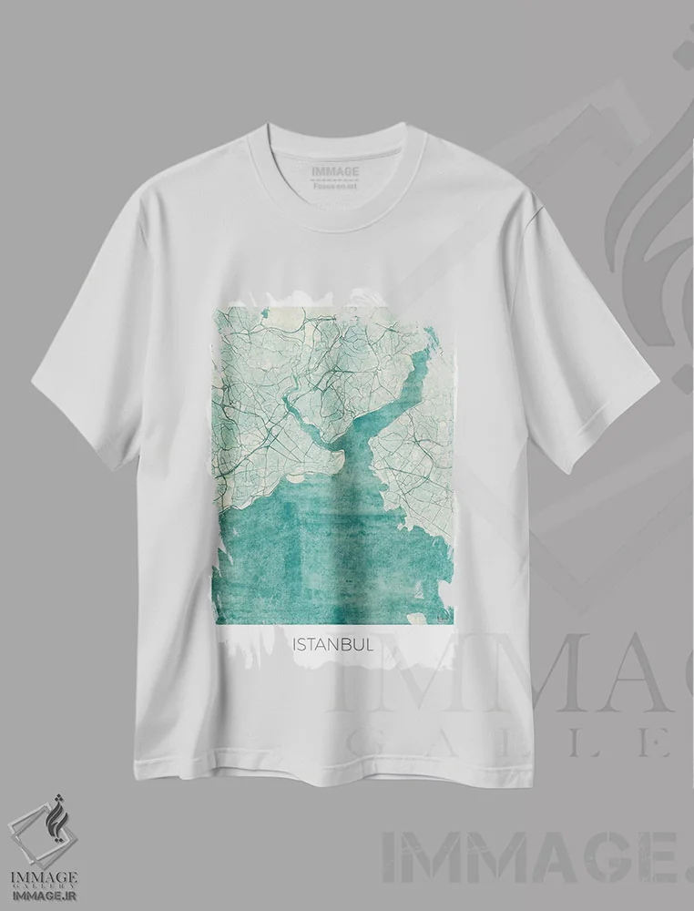 تیشرت سفید طرح دار نقشه شهری استانبول با طراحی کلاسیک آبرنگی آبی، هنر دیجیتال اثر هوبرت روگوسکی | immage.ir
