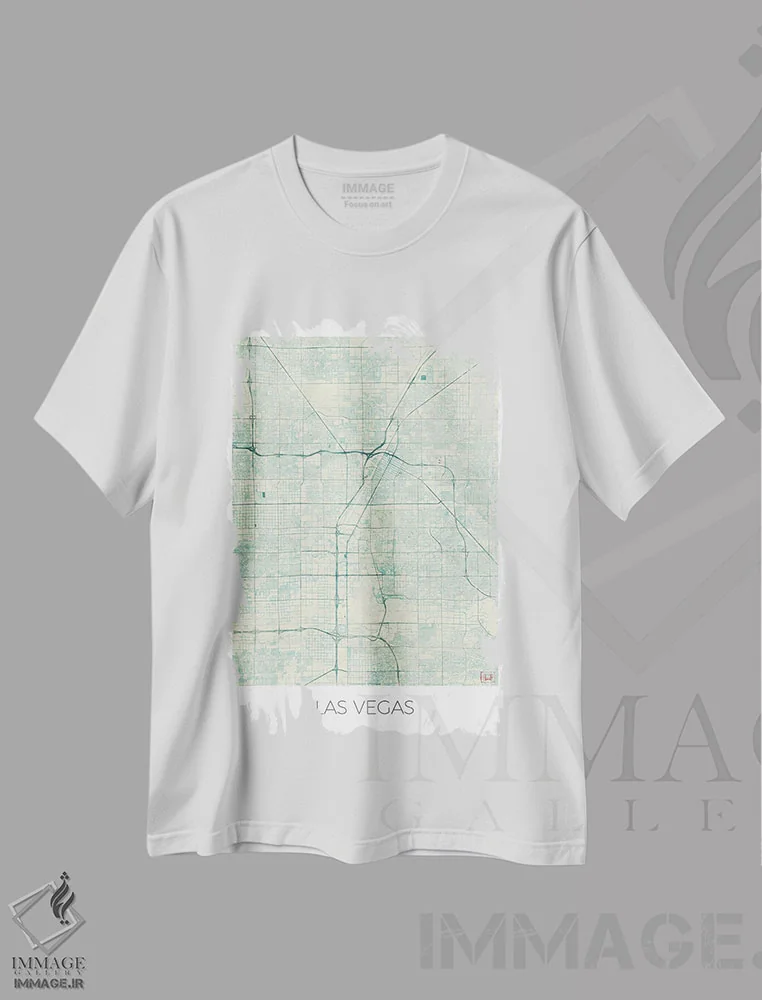 تیشرت سفید طرح دار نقشه شهری لاس وگاس با طراحی کلاسیک آبرنگی آبی، هنر دیجیتال اثر هوبرت روگوسکی | immage.ir
