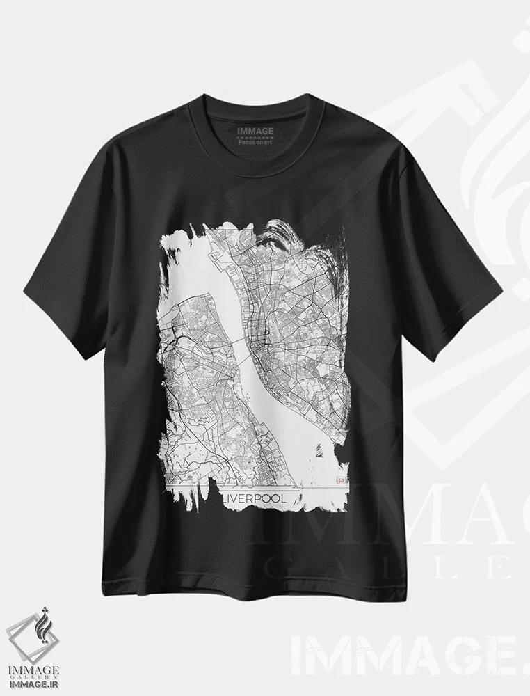 تیشرت مشکی طرح دار نقشه مینیمال طرح شهر لیورپول، هنر دیجیتال اثر هوبرت روگوسکی | فروشگاه ایماژ