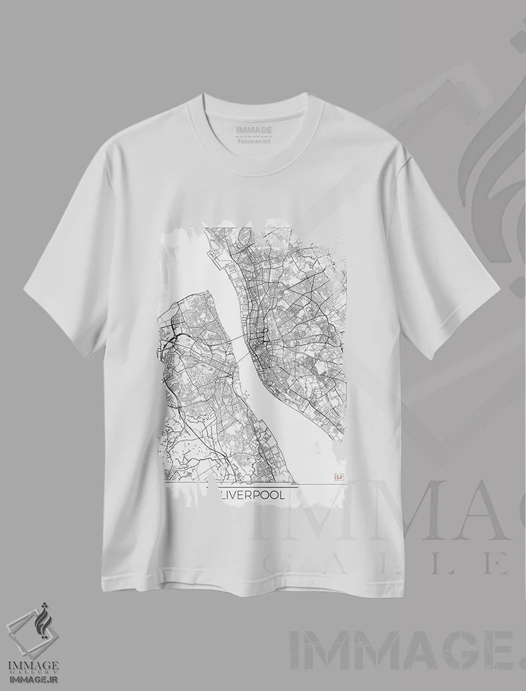 تیشرت سفید طرح دار نقشه مینیمال طرح شهر لیورپول، هنر دیجیتال اثر هوبرت روگوسکی | immage.ir