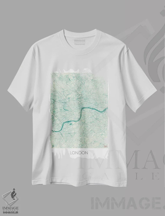 تیشرت سفید طرح دار نقشه شهری لندن با طراحی کلاسیک آبرنگی آبی، هنر دیجیتال اثر هوبرت روگوسکی | فروشگاه ایماژ