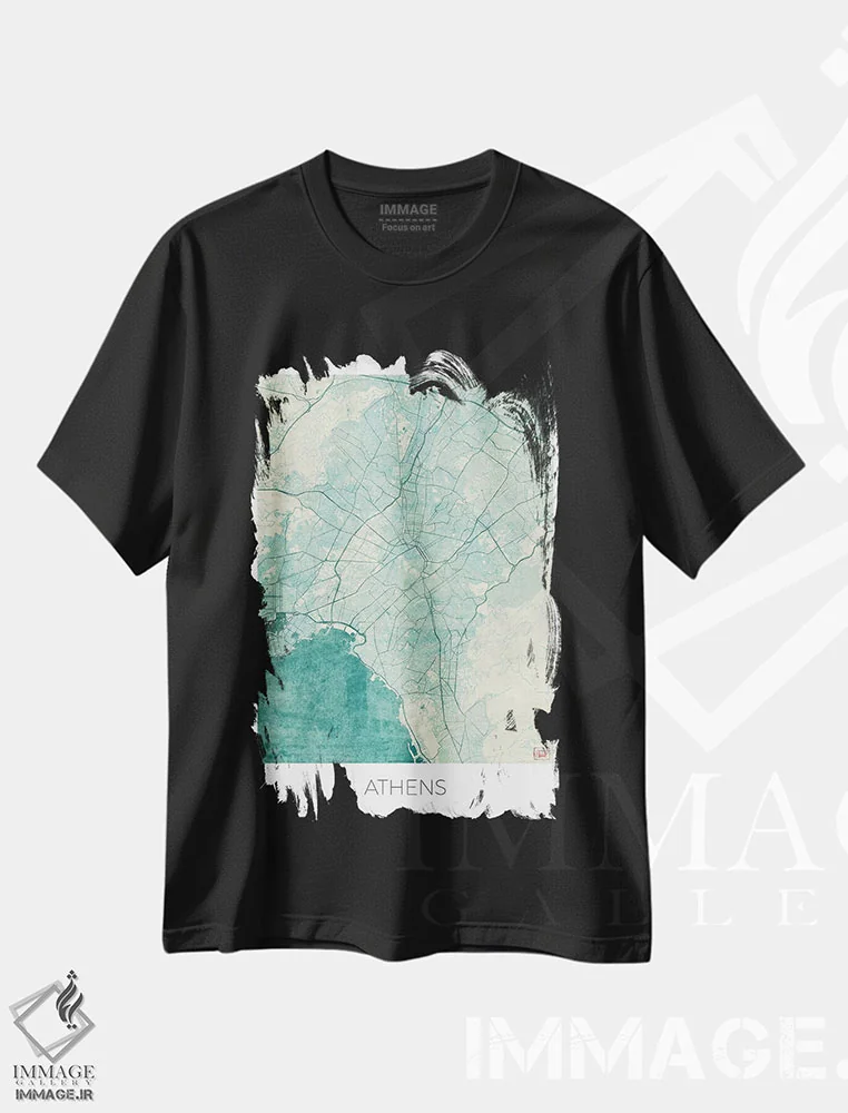 تیشرت مشکی طرح دار نقشه شهری آتن با طراحی کلاسیک آبرنگی آبی، هنر دیجیتال اثر هوبرت روگوسکی | فروشگاه ایماژ