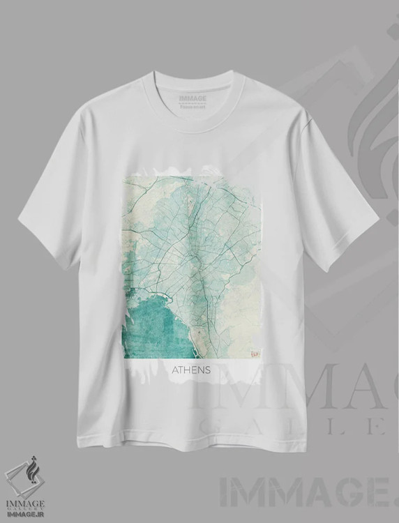 تیشرت سفید طرح دار نقشه شهری آتن با طراحی کلاسیک آبرنگی آبی، هنر دیجیتال اثر هوبرت روگوسکی | immage.ir