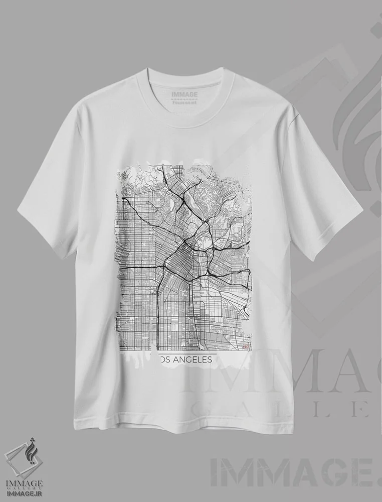 تیشرت سفید طرح دار نقشه مینیمال طرح شهر لس آنجلس، هنر دیجیتال اثر هوبرت روگوسکی | فروشگاه ایماژ
