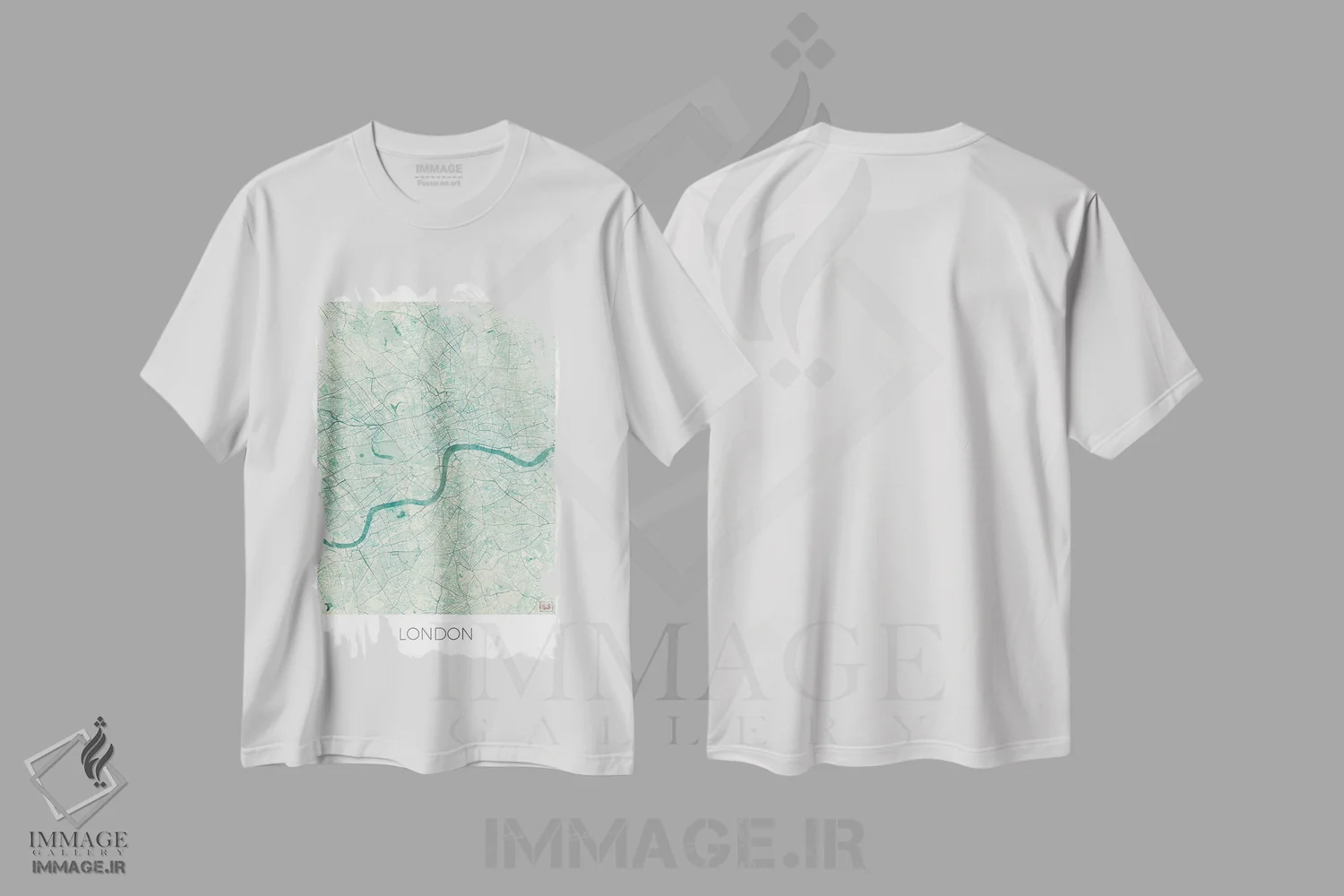 تیشرت سفید طرح دار نقشه شهری لندن با طراحی کلاسیک آبرنگی آبی، هنر دیجیتال اثر هوبرت روگوسکی | فروشگاه ایماژ