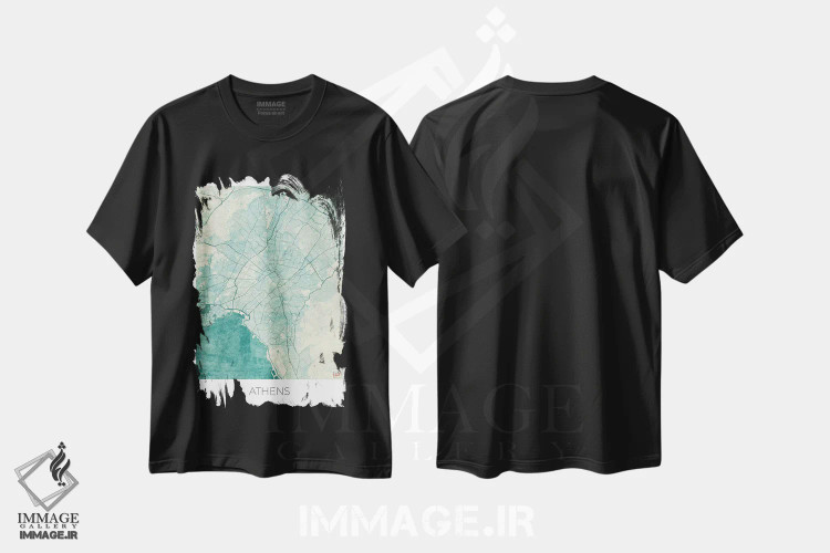 تیشرت مشکی طرح دار نقشه شهری آتن با طراحی کلاسیک آبرنگی آبی، هنر دیجیتال اثر هوبرت روگوسکی | فروشگاه ایماژ