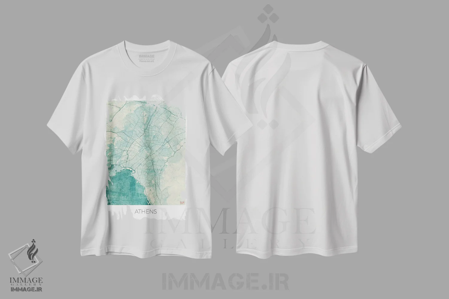 تیشرت سفید طرح دار نقشه شهری آتن با طراحی کلاسیک آبرنگی آبی، هنر دیجیتال اثر هوبرت روگوسکی | immage.ir