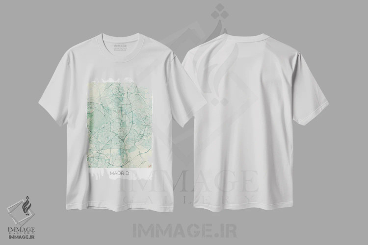 تیشرت سفید طرح دار نقشه شهری مادرید با طراحی کلاسیک آبرنگی آبی، هنر دیجیتال اثر هوبرت روگوسکی | فروشگاه ایماژ