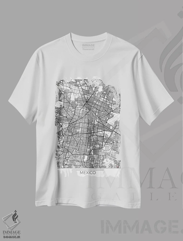 تیشرت سفید طرح دار نقشه مینیمال طرح شهر مکزیکوسیتی، هنر دیجیتال اثر هوبرت روگوسکی | فروشگاه ایماژ