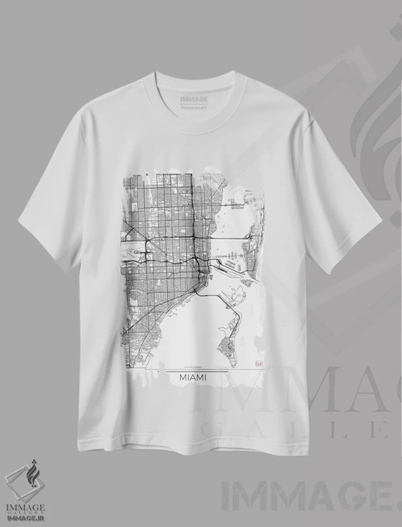 تیشرت سفید طرح دار نقشه مینیمال طرح شهر میامی، هنر دیجیتال اثر هوبرت روگوسکی | فروشگاه ایماژ