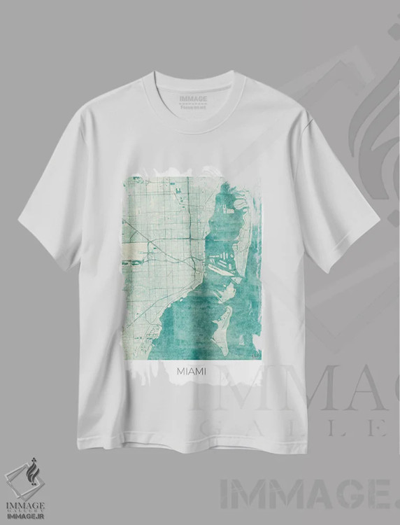 تیشرت سفید طرح دار نقشه شهری میامی با طراحی کلاسیک آبرنگی آبی، تزئینی اثر هوبرت روگوسکی | فروشگاه ایماژ