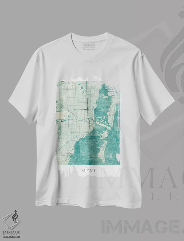 تیشرت سفید طرح دار نقشه شهری میامی با طراحی کلاسیک آبرنگی آبی، تزئینی اثر هوبرت روگوسکی | فروشگاه ایماژ