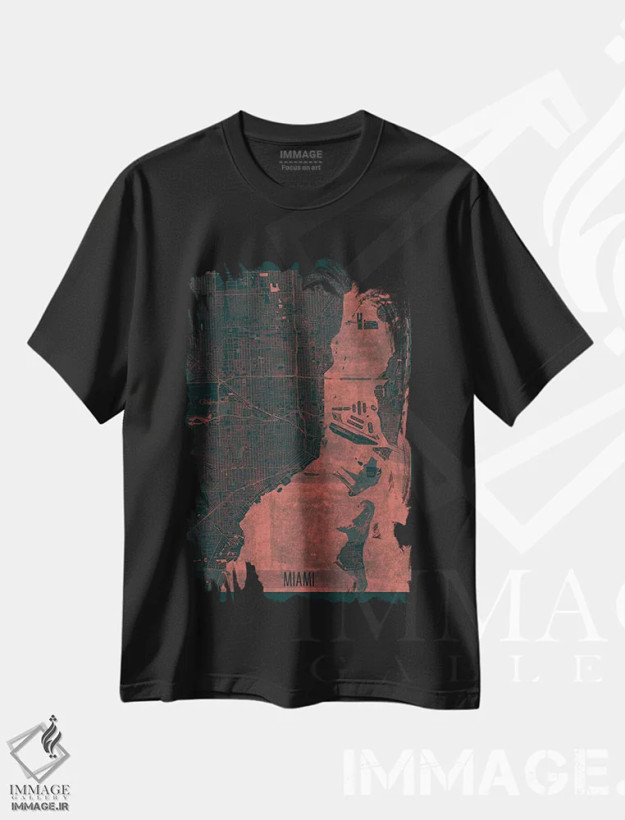 تیشرت مشکی طرح دار نقشه شهری میامی با افکت مادون قرمز، هنر دیجیتال اثر هوبرت روگوسکی | فروشگاه ایماژ