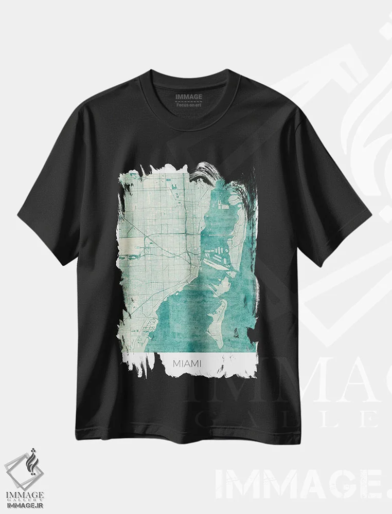 تیشرت مشکی طرح دار نقشه شهری میامی با طراحی کلاسیک آبرنگی آبی، تزئینی اثر هوبرت روگوسکی | immage.ir