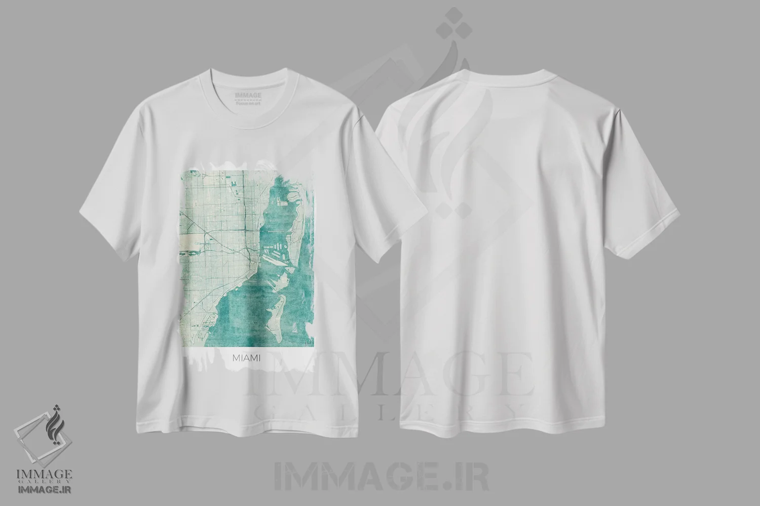 تیشرت سفید طرح دار نقشه شهری میامی با طراحی کلاسیک آبرنگی آبی، تزئینی اثر هوبرت روگوسکی | فروشگاه ایماژ