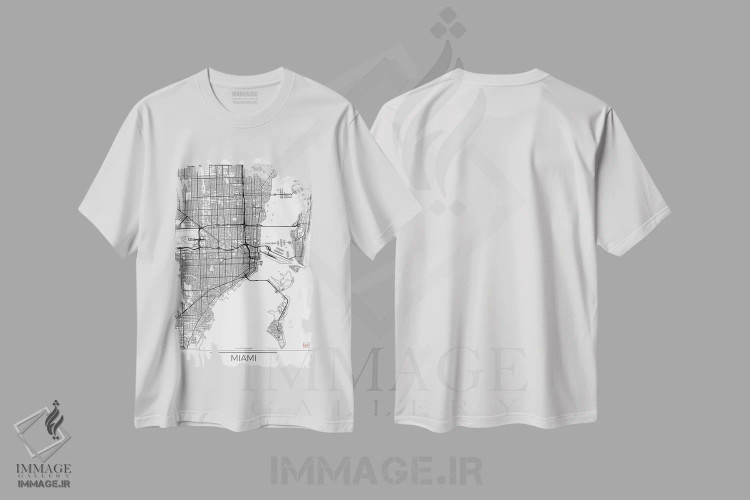 تیشرت سفید طرح دار نقشه مینیمال طرح شهر میامی، هنر دیجیتال اثر هوبرت روگوسکی | فروشگاه ایماژ