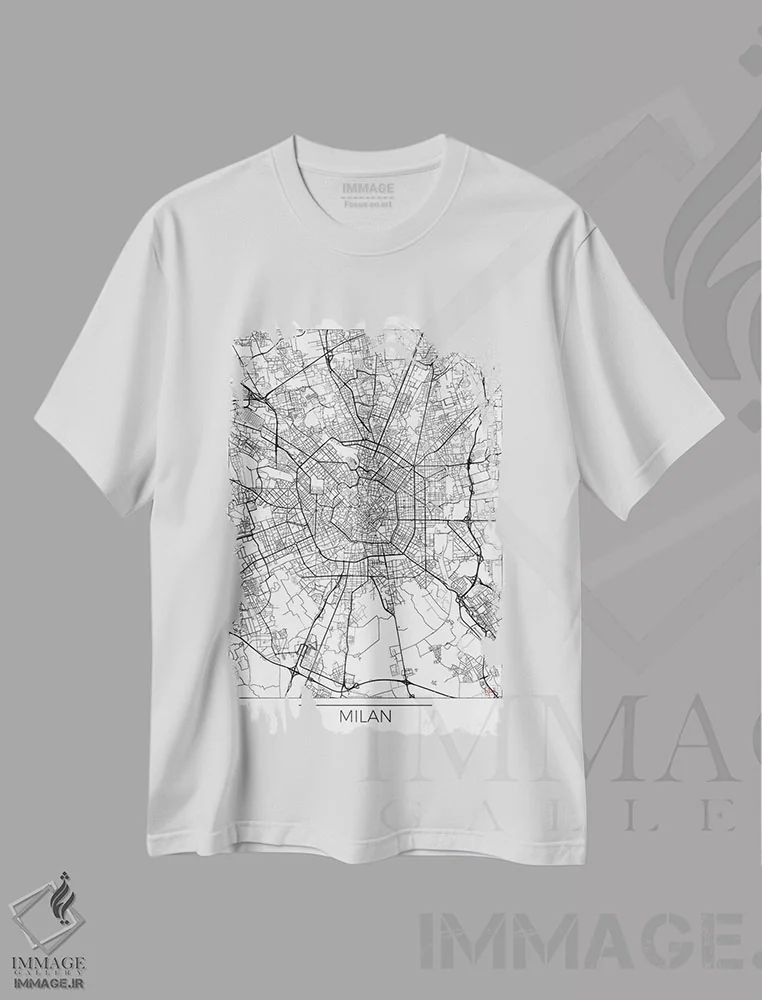 تیشرت سفید طرح دار نقشه مینیمال طرح شهر میلان، هنر دیجیتال اثر هوبرت روگوسکی | فروشگاه ایماژ