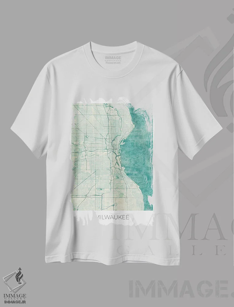 تیشرت سفید طرح دار نقشه شهری میلواکی با طراحی کلاسیک آبرنگی آبی، تزئینی اثر هوبرت روگوسکی | immage.ir
