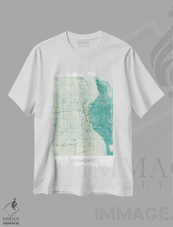 تیشرت سفید طرح دار نقشه شهری میلواکی با طراحی کلاسیک آبرنگی آبی، تزئینی اثر هوبرت روگوسکی | immage.ir