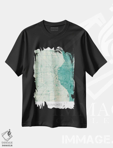 تیشرت مشکی طرح دار نقشه شهری میلواکی با طراحی کلاسیک آبرنگی آبی، تزئینی اثر هوبرت روگوسکی | فروشگاه ایماژ