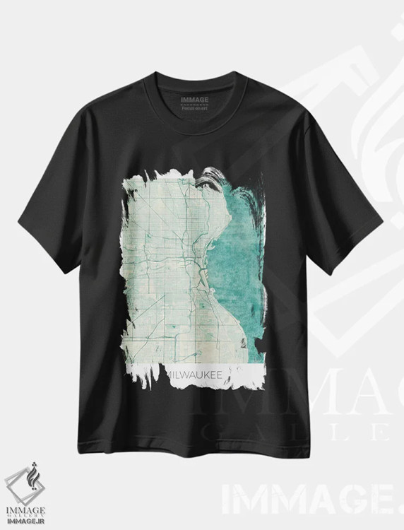 تیشرت مشکی طرح دار نقشه شهری میلواکی با طراحی کلاسیک آبرنگی آبی، تزئینی اثر هوبرت روگوسکی | فروشگاه ایماژ