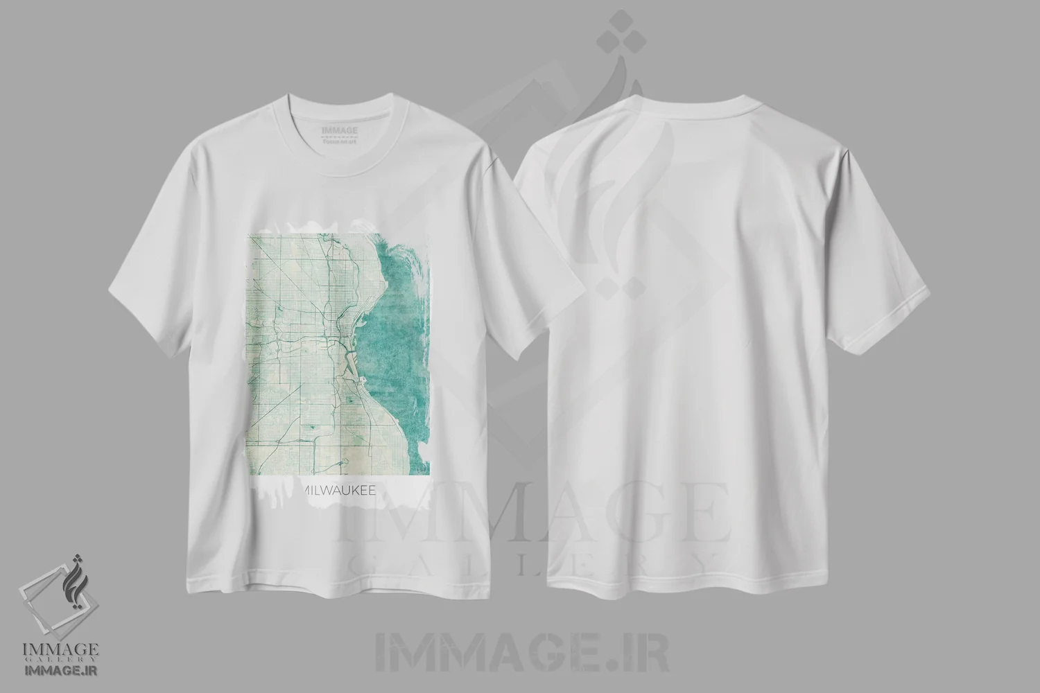تیشرت سفید طرح دار نقشه شهری میلواکی با طراحی کلاسیک آبرنگی آبی، تزئینی اثر هوبرت روگوسکی | immage.ir