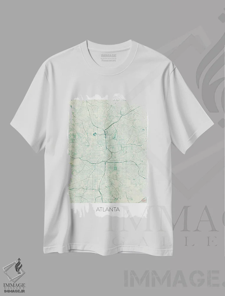 تیشرت سفید طرح دار نقشه شهری آتلانتا با طراحی کلاسیک آبرنگی آبی، هنر دیجیتال اثر هوبرت روگوسکی | immage.ir