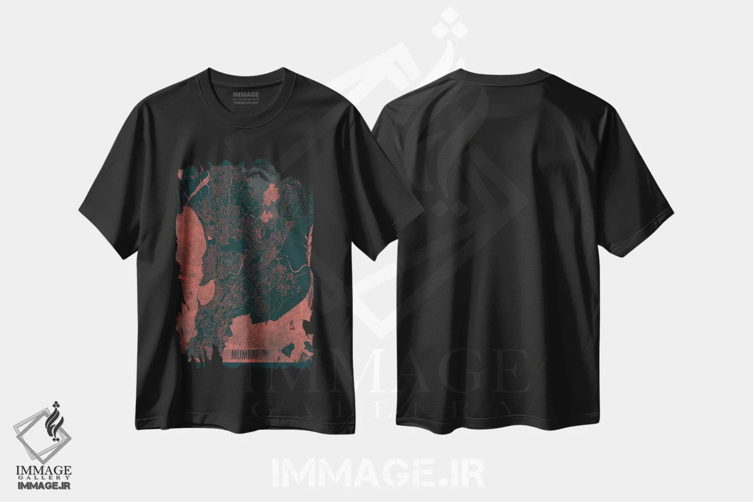 تیشرت مشکی طرح دار نقشه شهری مادون قرمز بمبئی، هنر دیجیتال اثر هوبرت روگوسکی | فروشگاه ایماژ