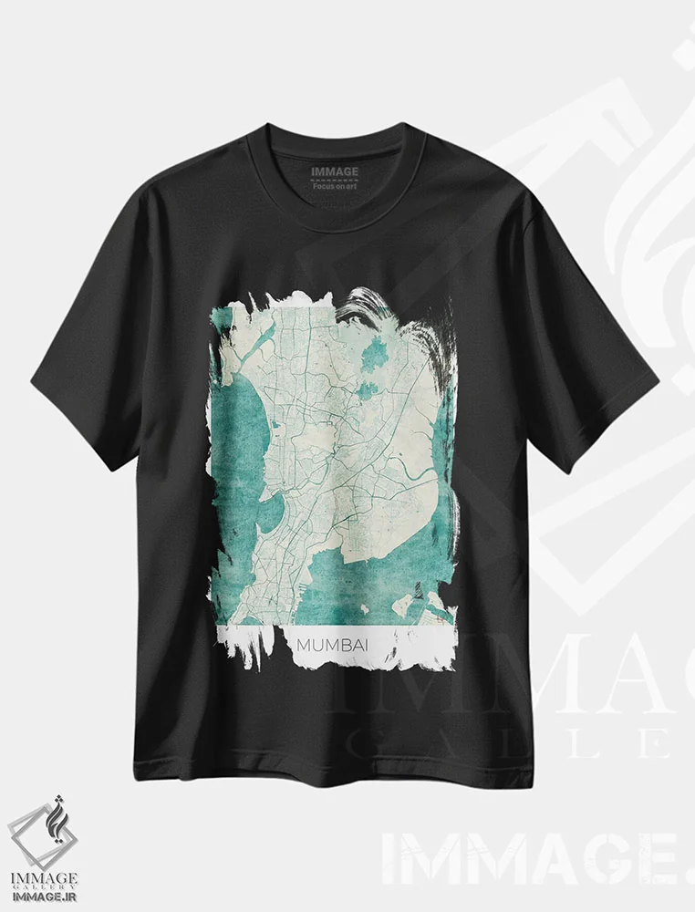 تیشرت مشکی طرح دار نقشه شهری آبرنگی آبی قدیمی بمبئی، هنر دیجیتال اثر هوبرت روگوسکی | immage.ir