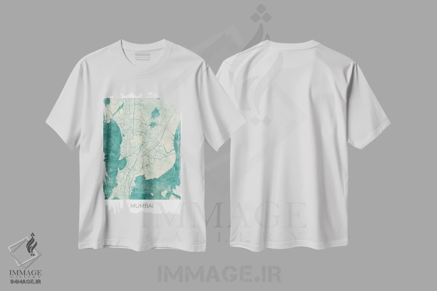 تیشرت سفید طرح دار نقشه شهری آبرنگی آبی قدیمی بمبئی، هنر دیجیتال اثر هوبرت روگوسکی | فروشگاه ایماژ