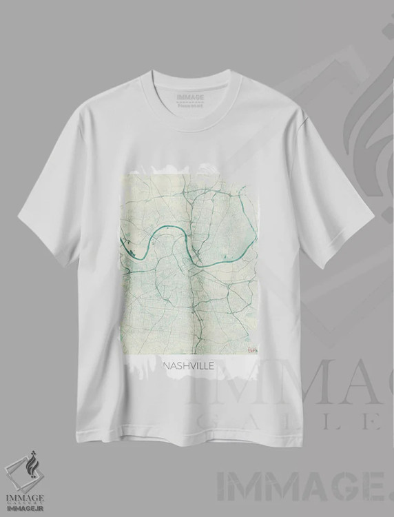 تیشرت سفید طرح دار نقشه شهری آبرنگی آبی قدیمی نشویل، هنر دیجیتال اثر هوبرت روگوسکی | فروشگاه ایماژ