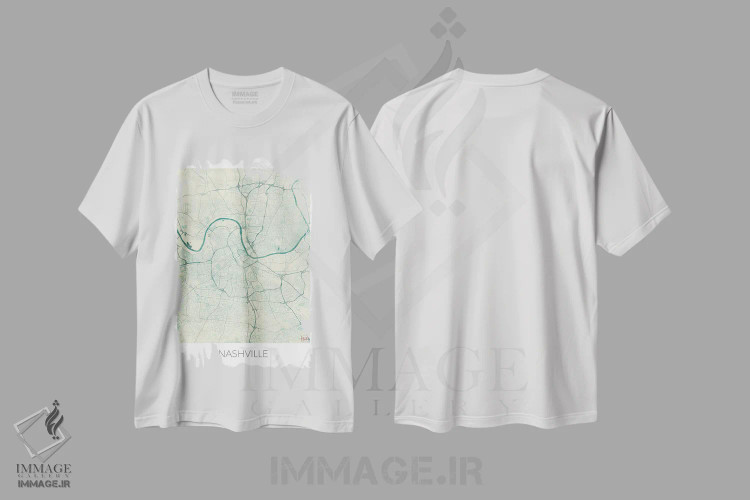 تیشرت سفید طرح دار نقشه شهری آبرنگی آبی قدیمی نشویل، هنر دیجیتال اثر هوبرت روگوسکی | فروشگاه ایماژ