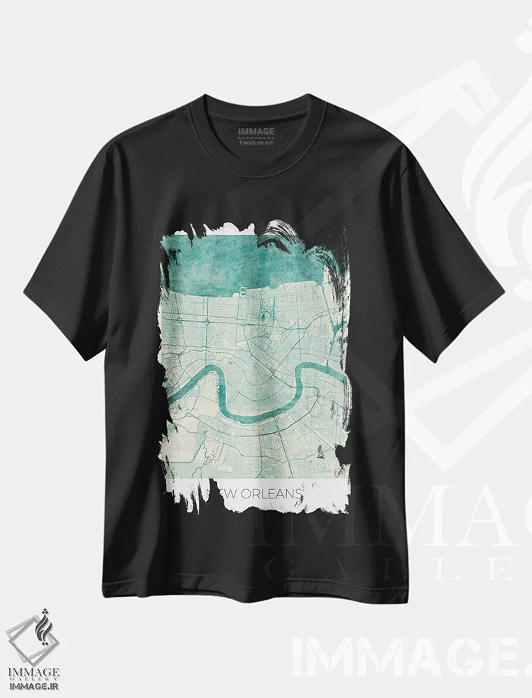 تیشرت مشکی طرح دار نقشه شهری آبرنگی آبی قدیمی نیواورلئان، هنر دیجیتال اثر هوبرت روگوسکی | فروشگاه ایماژ