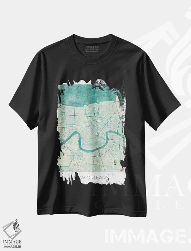 تیشرت مشکی طرح دار نقشه شهری آبرنگی آبی قدیمی نیواورلئان، هنر دیجیتال اثر هوبرت روگوسکی | فروشگاه ایماژ