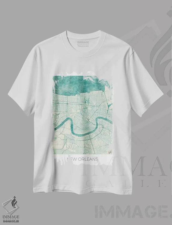 تیشرت سفید طرح دار نقشه شهری آبرنگی آبی قدیمی نیواورلئان، هنر دیجیتال اثر هوبرت روگوسکی | immage.ir