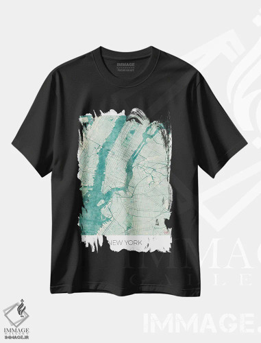 تیشرت مشکی طرح دار نقشه شهری آبرنگی آبی قدیمی نیویورک، هنر دیجیتال اثر هوبرت روگوسکی | فروشگاه ایماژ