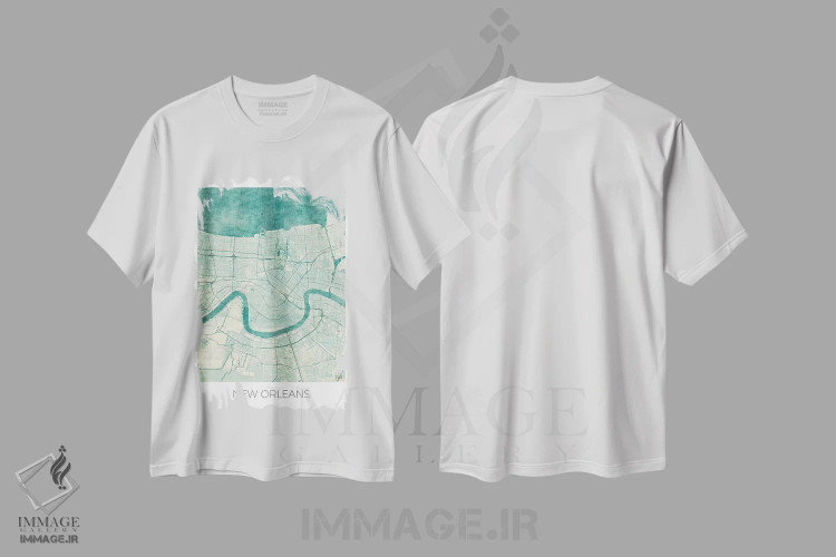 تیشرت سفید طرح دار نقشه شهری آبرنگی آبی قدیمی نیواورلئان، هنر دیجیتال اثر هوبرت روگوسکی | immage.ir