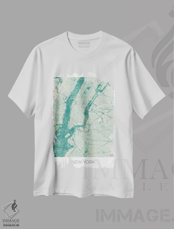 تیشرت سفید طرح دار نقشه شهری آبرنگی آبی قدیمی نیویورک، هنر دیجیتال اثر هوبرت روگوسکی | immage.ir