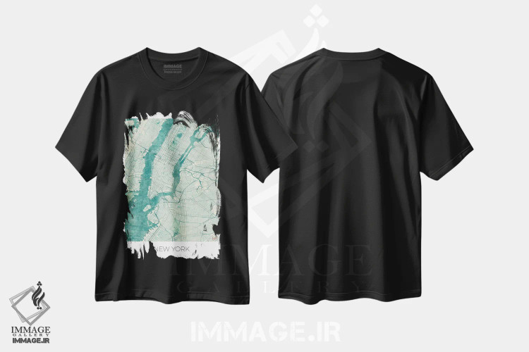 تیشرت مشکی طرح دار نقشه شهری آبرنگی آبی قدیمی نیویورک، هنر دیجیتال اثر هوبرت روگوسکی | فروشگاه ایماژ
