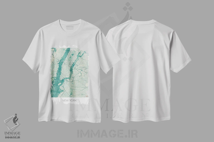 تیشرت سفید طرح دار نقشه شهری آبرنگی آبی قدیمی نیویورک، هنر دیجیتال اثر هوبرت روگوسکی | immage.ir