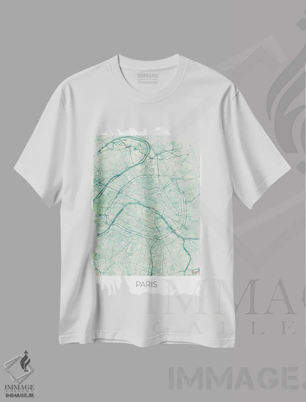 تیشرت سفید طرح دار نقشه شهری آبرنگی آبی قدیمی پاریس، هنر دیجیتال اثر هوبرت روگوسکی | فروشگاه ایماژ