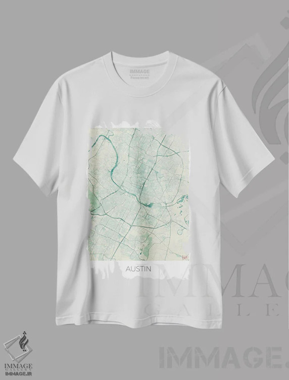 تیشرت سفید طرح دار نقشه شهری آبرنگی آبی قدیمی آستین، تزئینی اثر هوبرت روگوسکی | immage.ir